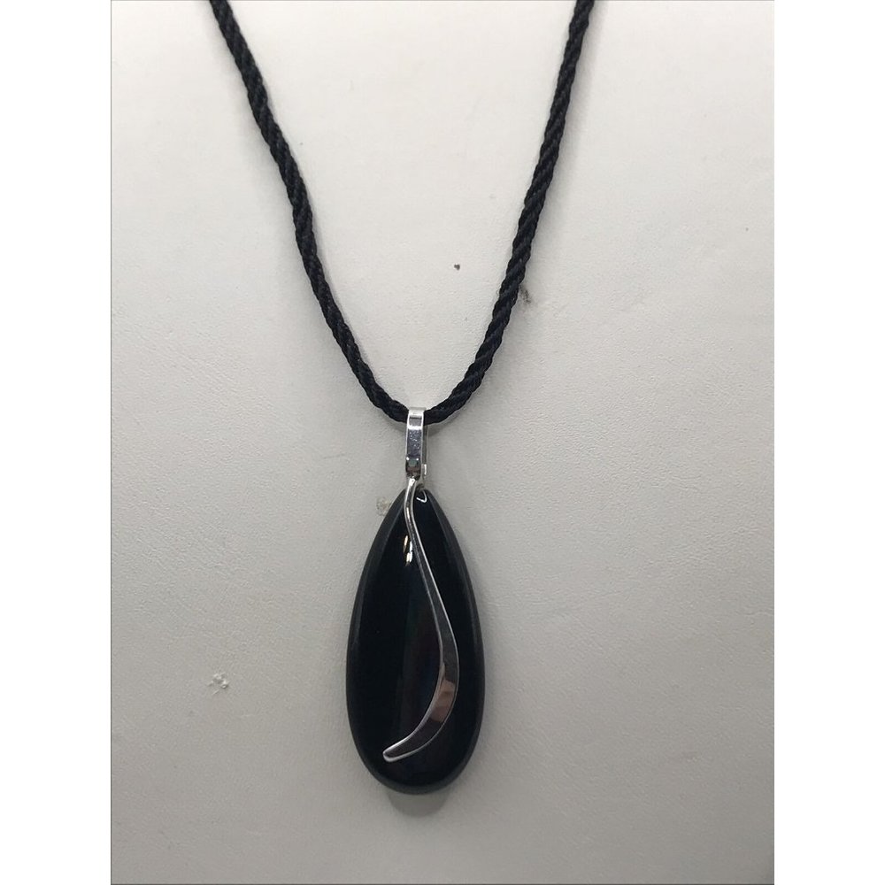 VTG Sterling Silver NABCO Black Onyx‎ Teardrop Dangling Necklace 18" Pendant